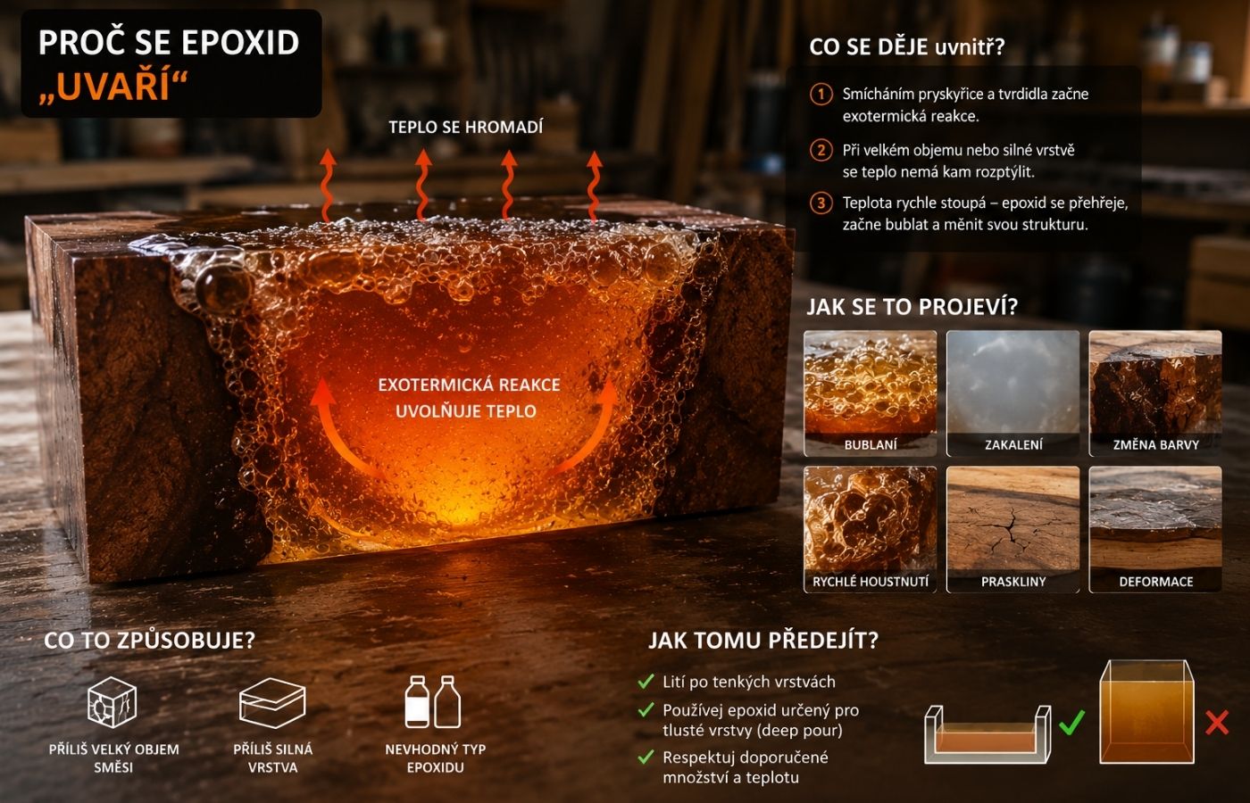vysvětlení vyvření epoxidu a exotermní reakce